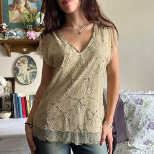Wallis Green Beaded Low Cut Fancy Blouse Size 14 Vintage Y2K Sequined Top